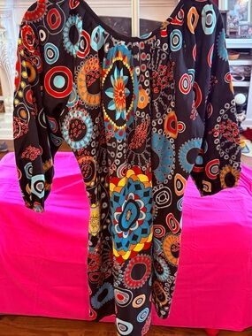 Aller Simplement black  Tunic Dress with Bold Multicolor Circular Print.